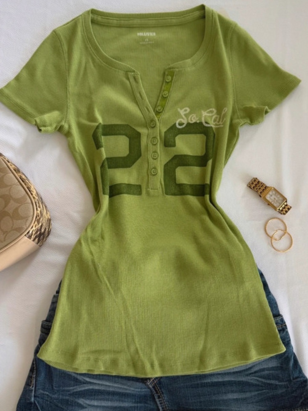 Hollister Olive Green 22 Graphic Ribbed Henley
Top
